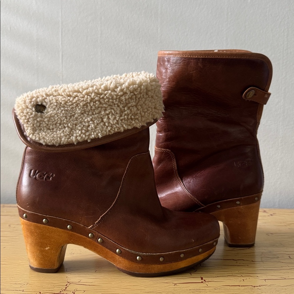 UGG Lynnea Shearling Foldover Boots Leather Brown 5 Sherpa EUC 🍂FALL READY🍁